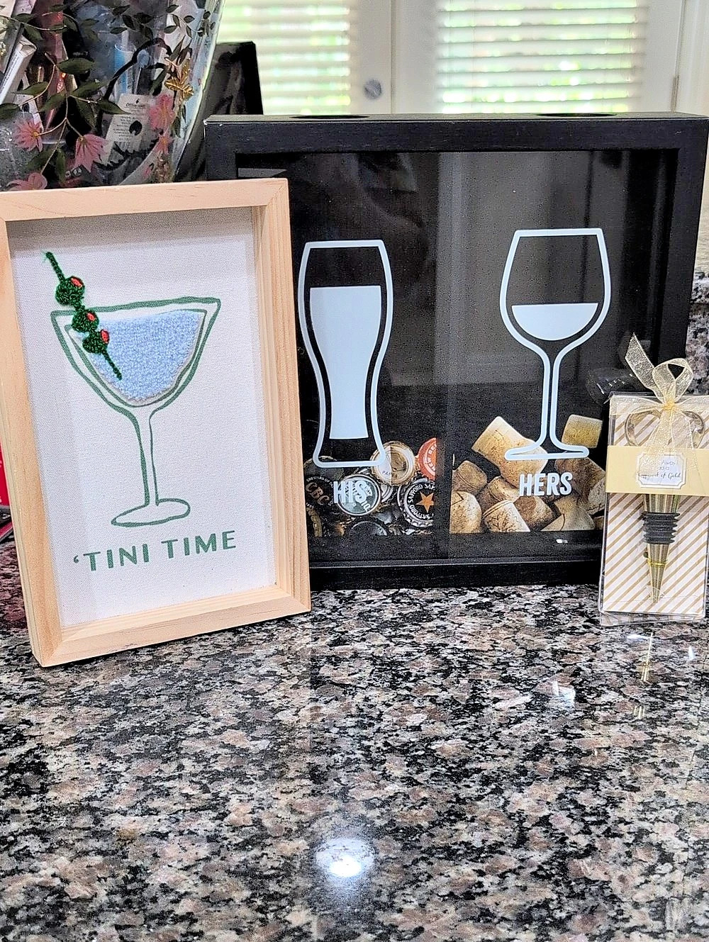His & Hers Wine Cork and Beer Cap Shadow Box Decor , Tini Picture And Corkscrew